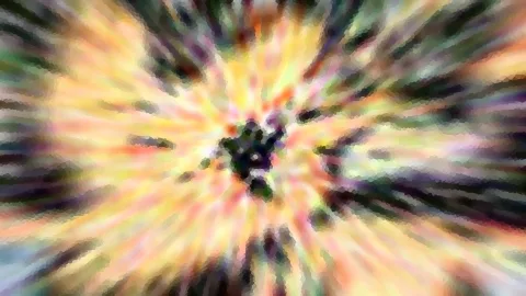 Abstrakte Komposition mit radial von einem dunklen Zentrum nach außen laufenden Streifen in Gelb, Orange, Grün und Violett, pixelig verwaschen.