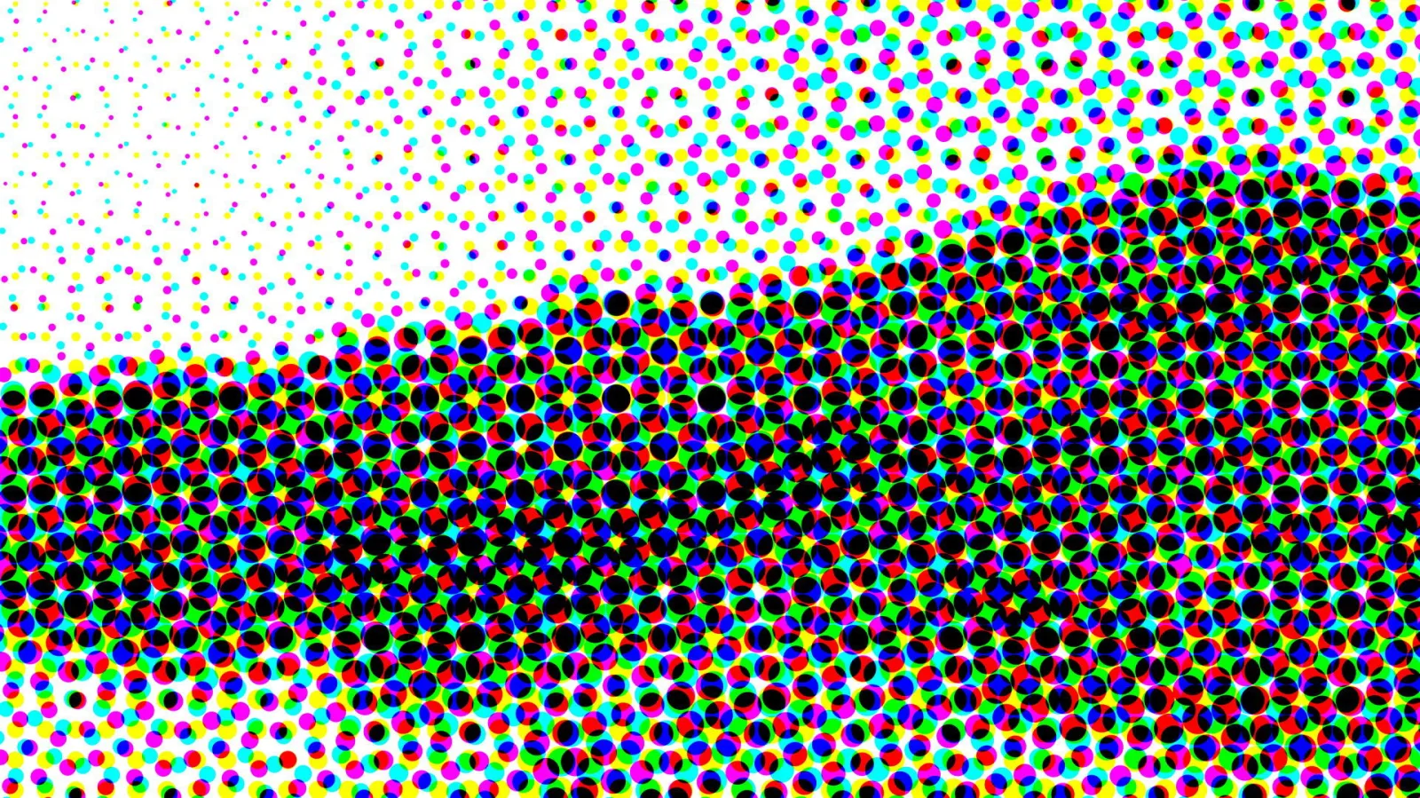 Farbige Rasterpunkte in Cyan, Magenta, Gelb, Grün und Schwarz auf weißem Grund, die von links oben nach rechts unten dichter werden.