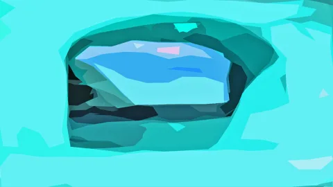 Abstrakte Komposition aus facettierten Flächen in Türkis und Blau, im Zentrum ein helles blaues Form-Element.