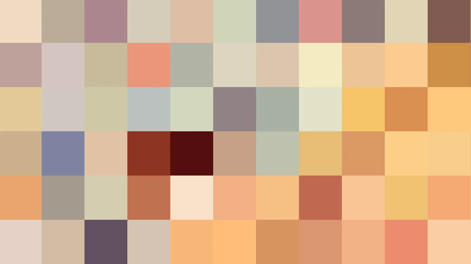Raster aus quadratischen Farbfeldern in Beige, Orange, Rot, Grau und Hellgrün ohne erkennbares Motiv.
