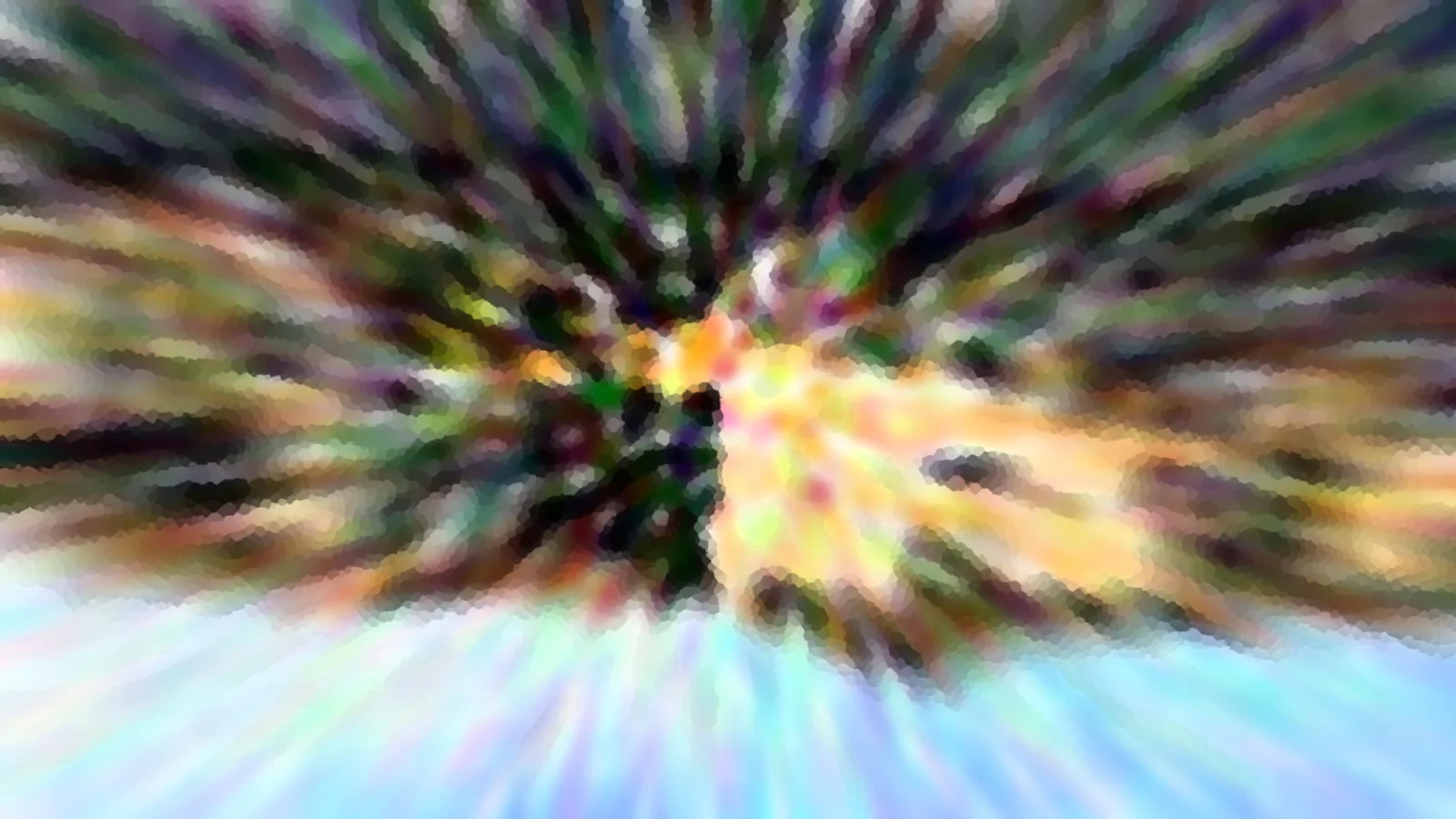 Abstrakte Komposition aus verwischten Farbstreifen in Grün, Violett und Orange, die von einem Zentrum nach außen strahlen, unten ein helles Blau.