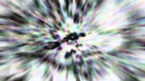 Abstraktes Bild mit radial von der Mitte nach außen laufenden, pastellfarbenen Streifen in Weiß, Grün, Rosa und Violett, im Zentrum dunkle Flecken.