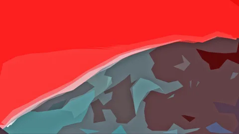 Abstrakte Komposition: oben eine große rote Fläche, darunter kantige Formen in Türkis, Grau und Braunrot.