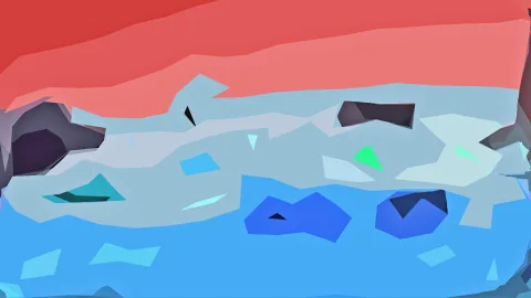 Abstrakte Komposition aus flachen, kantigen Formen: oben rote Flächen, in der Mitte helles Graublau mit einzelnen grünen und dunklen Akzenten, unten blaue Felder.