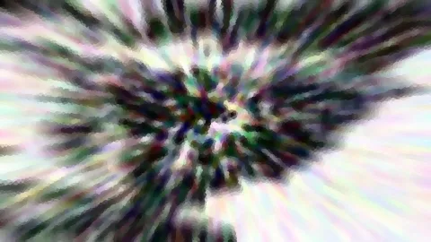 Abstrakte Komposition aus radial verlaufenden, verwischten Streifen in Grün, Violett und Weiß mit hellem Rand