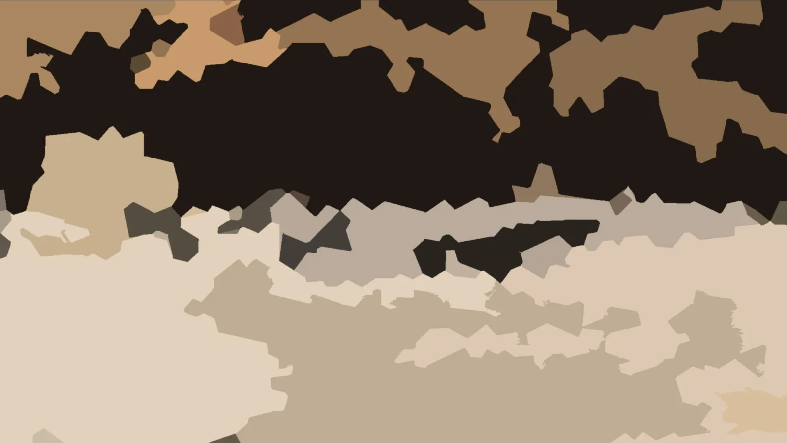 Abstraktes Bild aus unregelmäßigen, gezackten Flächen in Dunkelbraun, Hellbraun, Beige und Grau, die sich zu einem horizontalen Band verbinden.