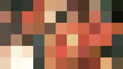 Quadratisches Pixelraster aus warmen Erd- und Terrakottatönen, dazwischen dunklere Grün- und Brauntöne sowie helle Beige- und Cremefelder.