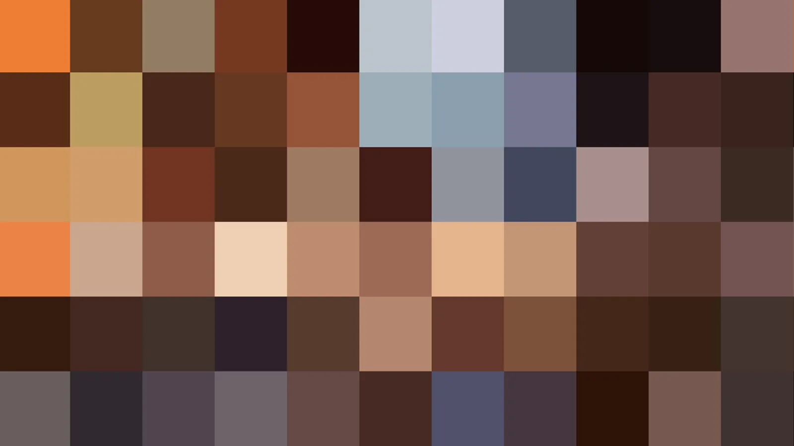 Quadratisches Pixelmosaik aus Orange-, Braun-, Beige- und Grautönen, von dunklen Brauntönen bis zu hellen Beigefarben.