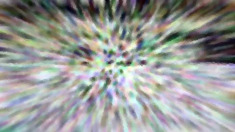 Abstraktes Bild mit bunten Farbstreifen, die von einem hellen Zentrum in der Mitte nach außen strahlen, grob gerastert wie ein Mosaik.
