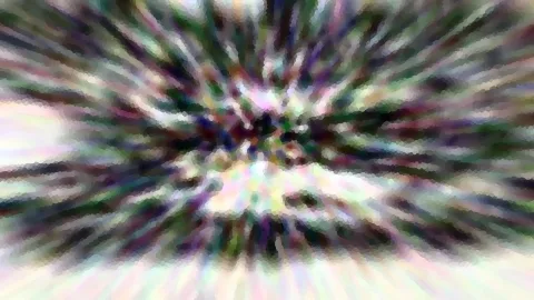 Abstraktes Bild mit radialen Streifen in Grün, Lila und Weiß, die von einem dunklen Zentrum nach außen laufen, mosaikartig gepixelt.