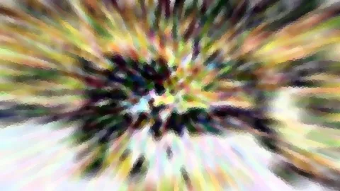 Abstrakte Komposition mit radialem Zoom-Effekt in Grün, Gelb, Rosa und Violett, im Zentrum dunkle Flecken, nach außen aufgelöste Farbstreifen.