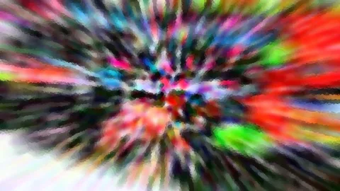 Abstrakte Komposition aus bunten Farbstreifen und Pixelflecken, die von einem hellen Zentrum radial nach außen strahlen, in Rot, Grün, Blau, Pink und Weiß.