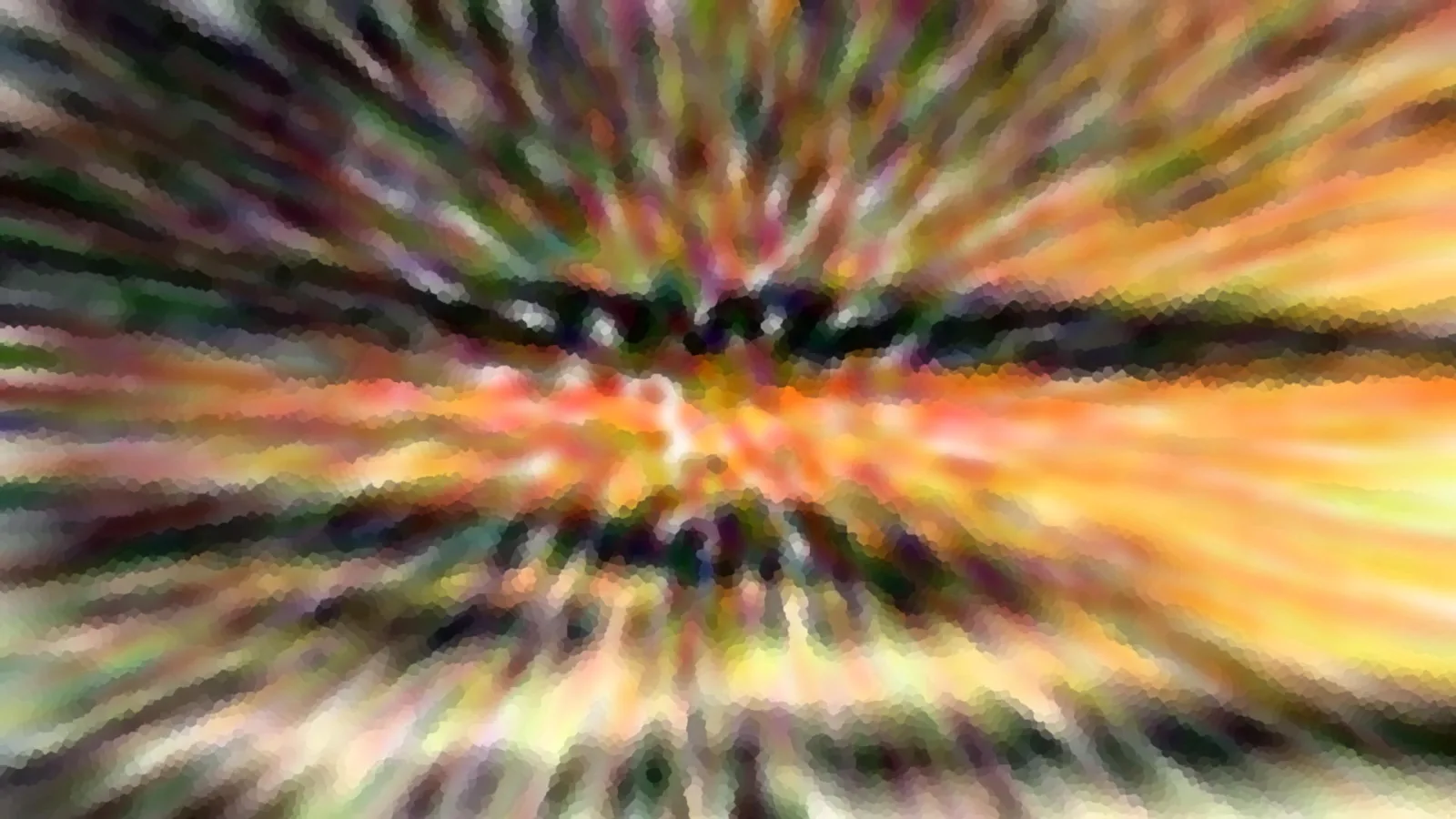 Abstrakte Komposition aus farbigen Streifen, die von der Bildmitte radial nach außen laufen, in Orange, Gelb, Grün und Dunkelblau.