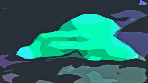 Abstrakte, facettierte mintgrüne Form auf dunklem Hintergrund, am Rand violette und graue Splitter.