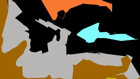 Flächige, unregelmäßig geformte Farbbereiche in Orange, Grau, Braun, Cyan und Gelb auf schwarzem Grund, ohne erkennbares Motiv.