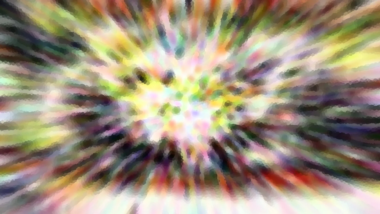Abstraktes Bild mit bunten Farbstrahlen, die von einem hellen Zentrum in der Mitte nach außen laufen, grün, gelb, rot und violett, mosaikartig gepixelt.