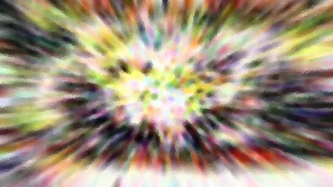 Abstraktes Bild mit bunten Farbstrahlen, die von einem hellen Zentrum in der Mitte nach außen laufen, grün, gelb, rot und violett, mosaikartig gepixelt.
