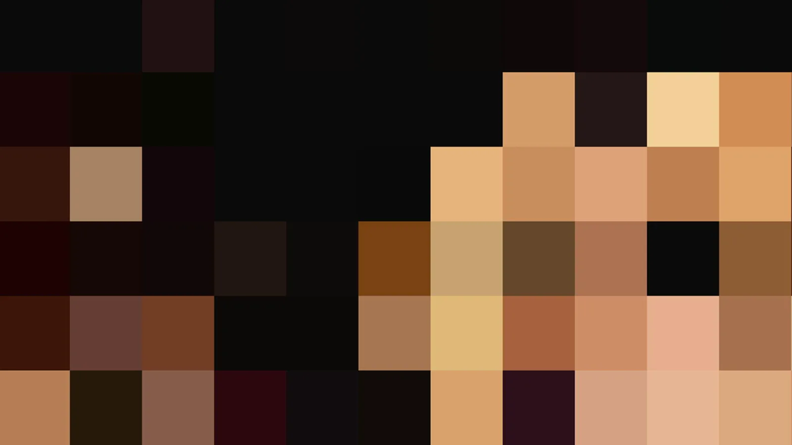 Verpixeltes Mosaik aus dunklen Flächen und warmen Hauttönen, oben dunkel, unten helle Blöcke.