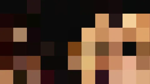 Verpixeltes Mosaik aus dunklen Flächen und warmen Hauttönen, oben dunkel, unten helle Blöcke.