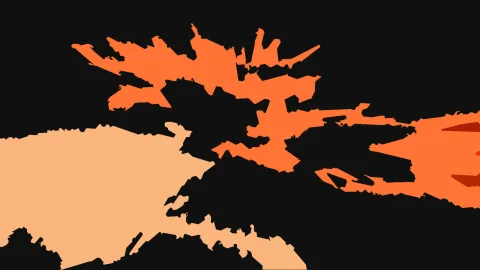 Abstrakte Komposition aus orangen, hellbeigen und dunkelroten Formen mit zackigen Rändern auf schwarzem Grund.