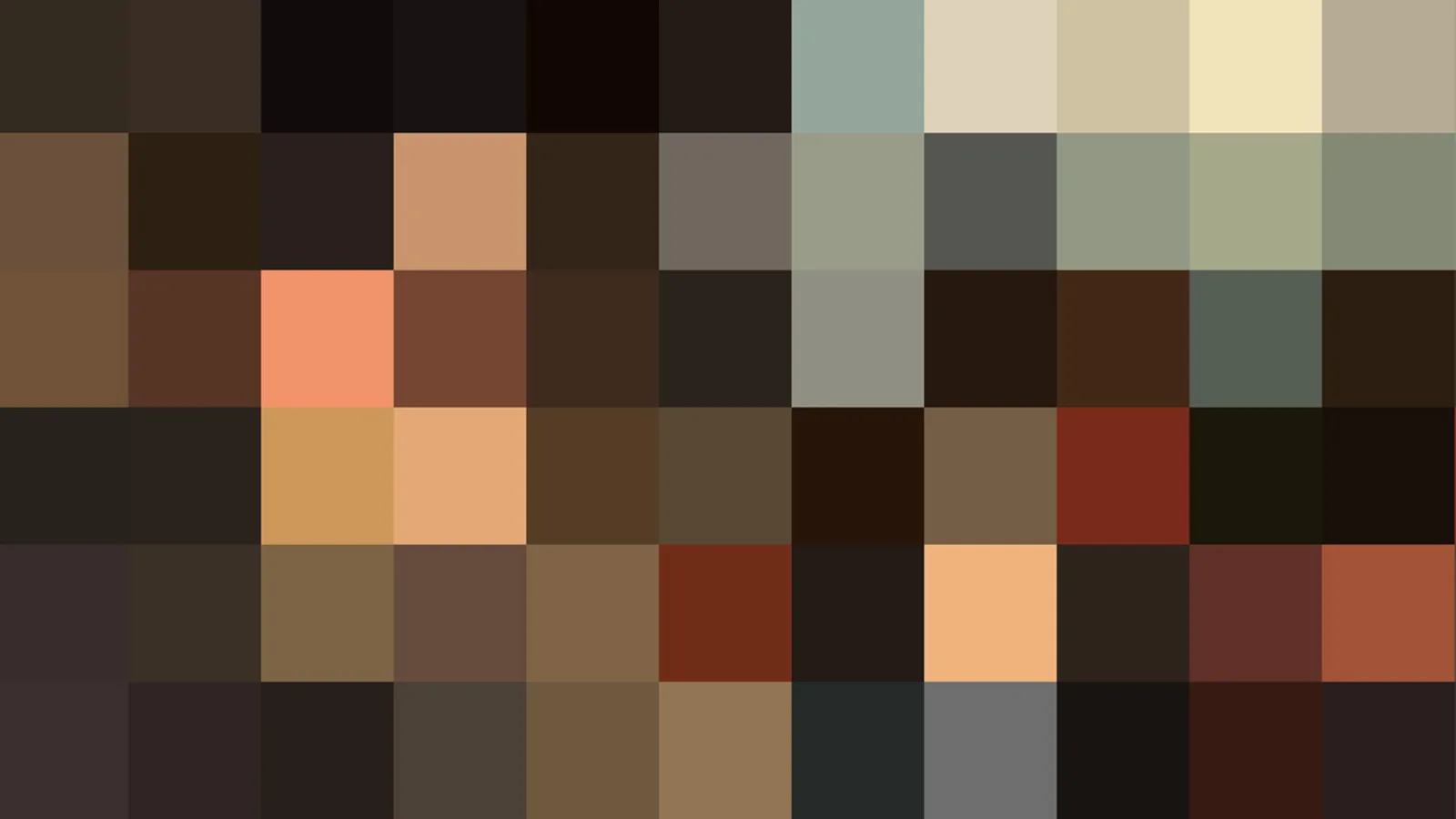 Verpixeltes Mosaik aus braunen, beigen und dunklen Farbfeldern mit einzelnen hellen Flächen in Salmrosa und Hellbeige, ohne klar erkennbare Details.