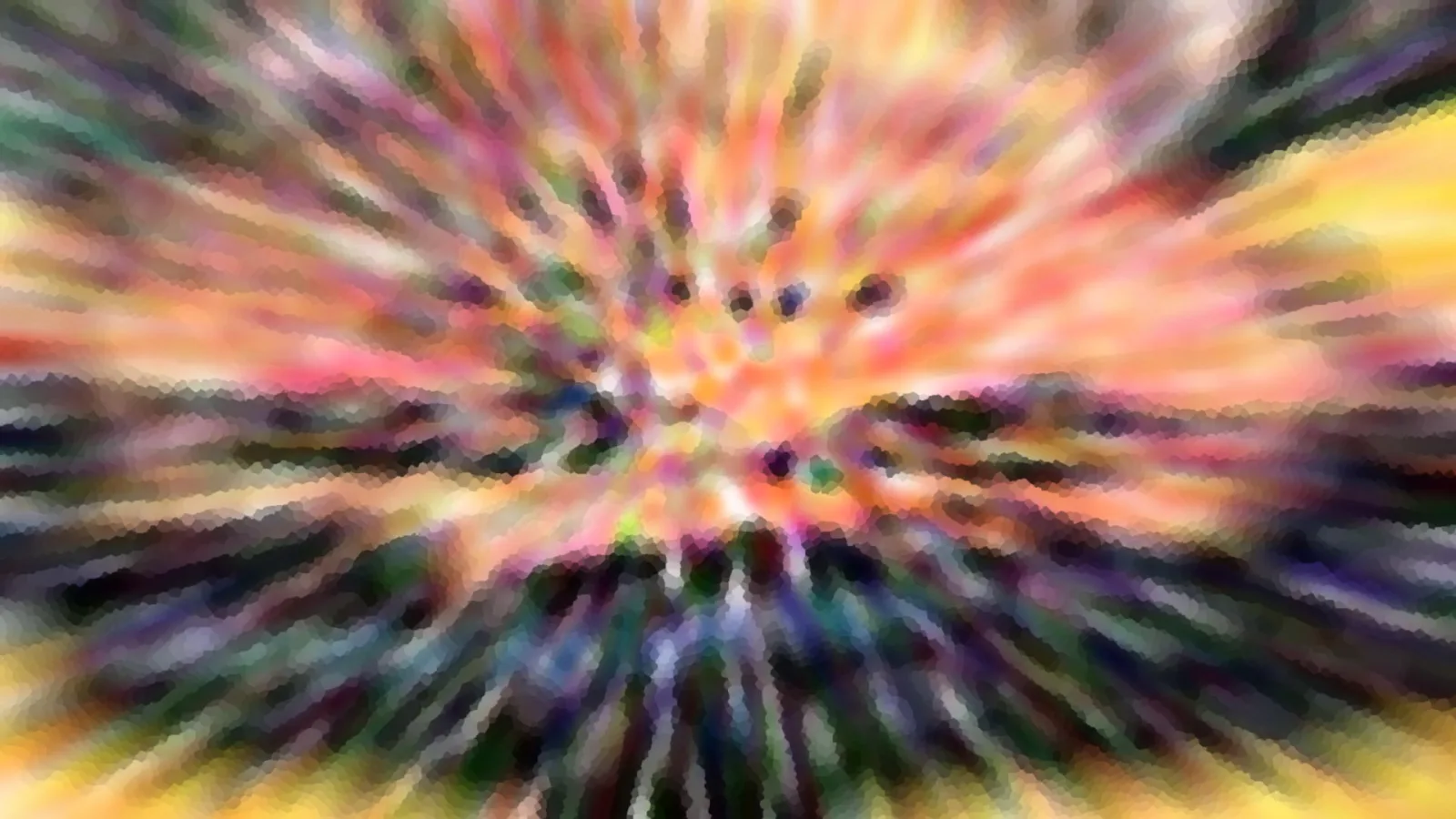 Abstraktes Bild mit radialer Unschärfe in Orange, Pink und Grün, in der Mitte dunkle Punkte.