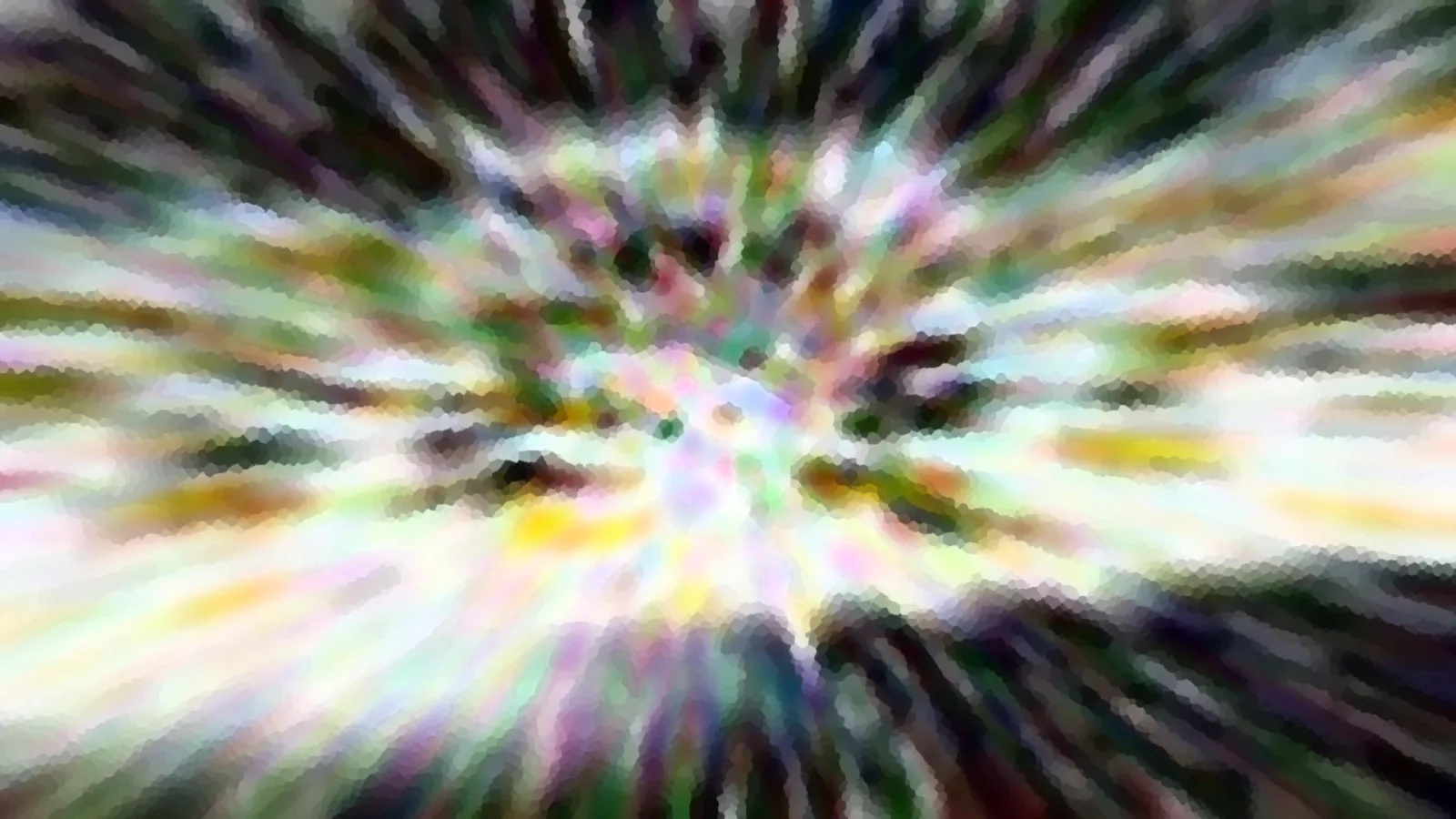 Abstrakte Komposition aus strahlenförmigen, verwischten Farbstreifen in Grün, Gelb, Rosa und Weiß, die von einem hellen Zentrum nach außen laufen, mit dunklen Rändern und pixeligem Mosaikmuster.