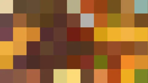Ein Raster aus quadratischen Kacheln in Ocker, Braun, Orange, Gelb und einzelnen Grau- und Blautönen.