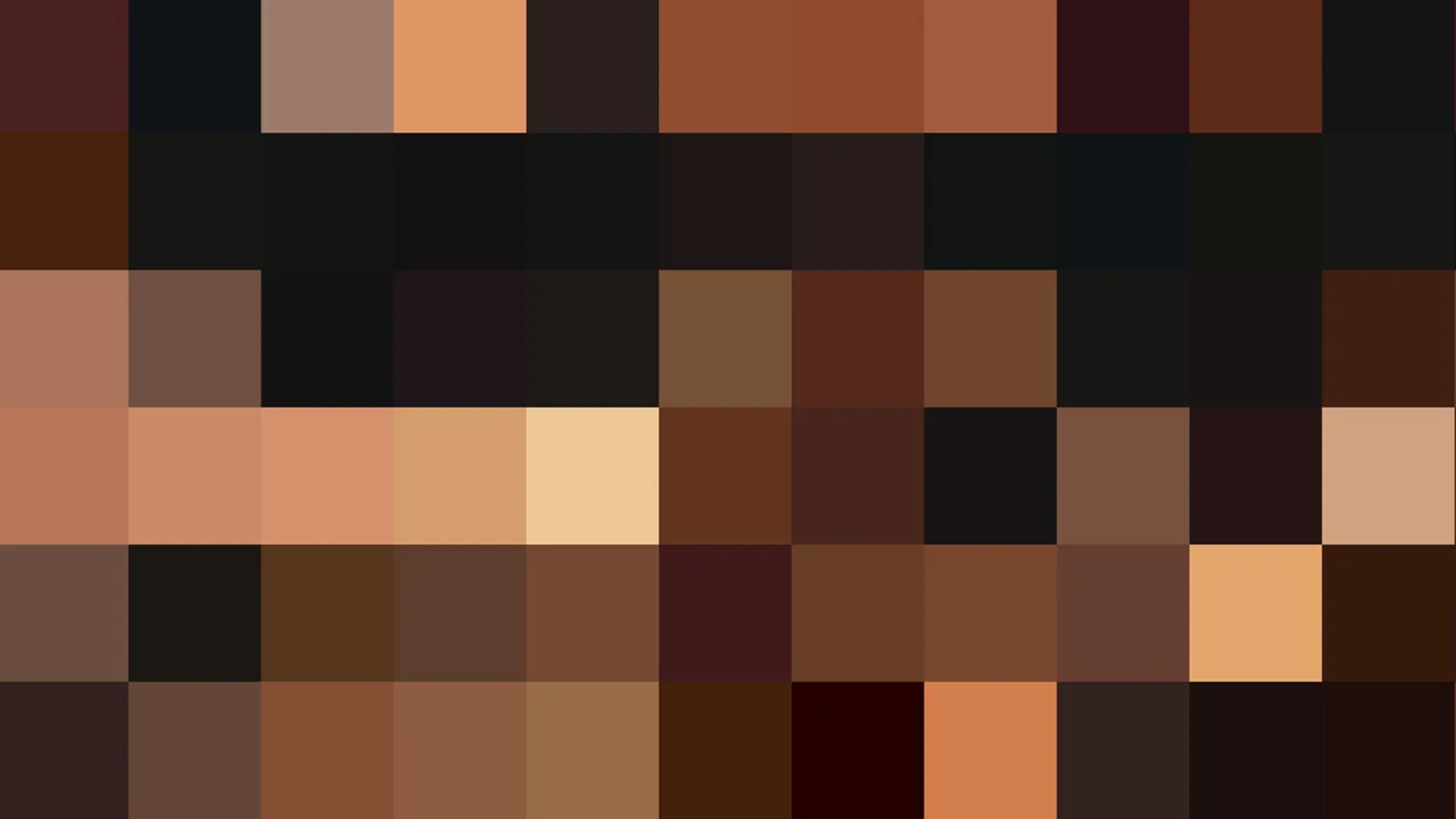 Abstraktes Mosaik aus quadratischen Pixelfeldern in Braun-, Beige- und Schwarztönen, in unregelmäßiger Verteilung über elf Spalten und sechs Reihen.