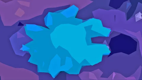 Abstrakte Komposition aus flachen, kantigen Flächen in Blau, Türkis und Violett, mit einer großen hellblauen Form in der Mitte und dunklen Flächen am Rand.
