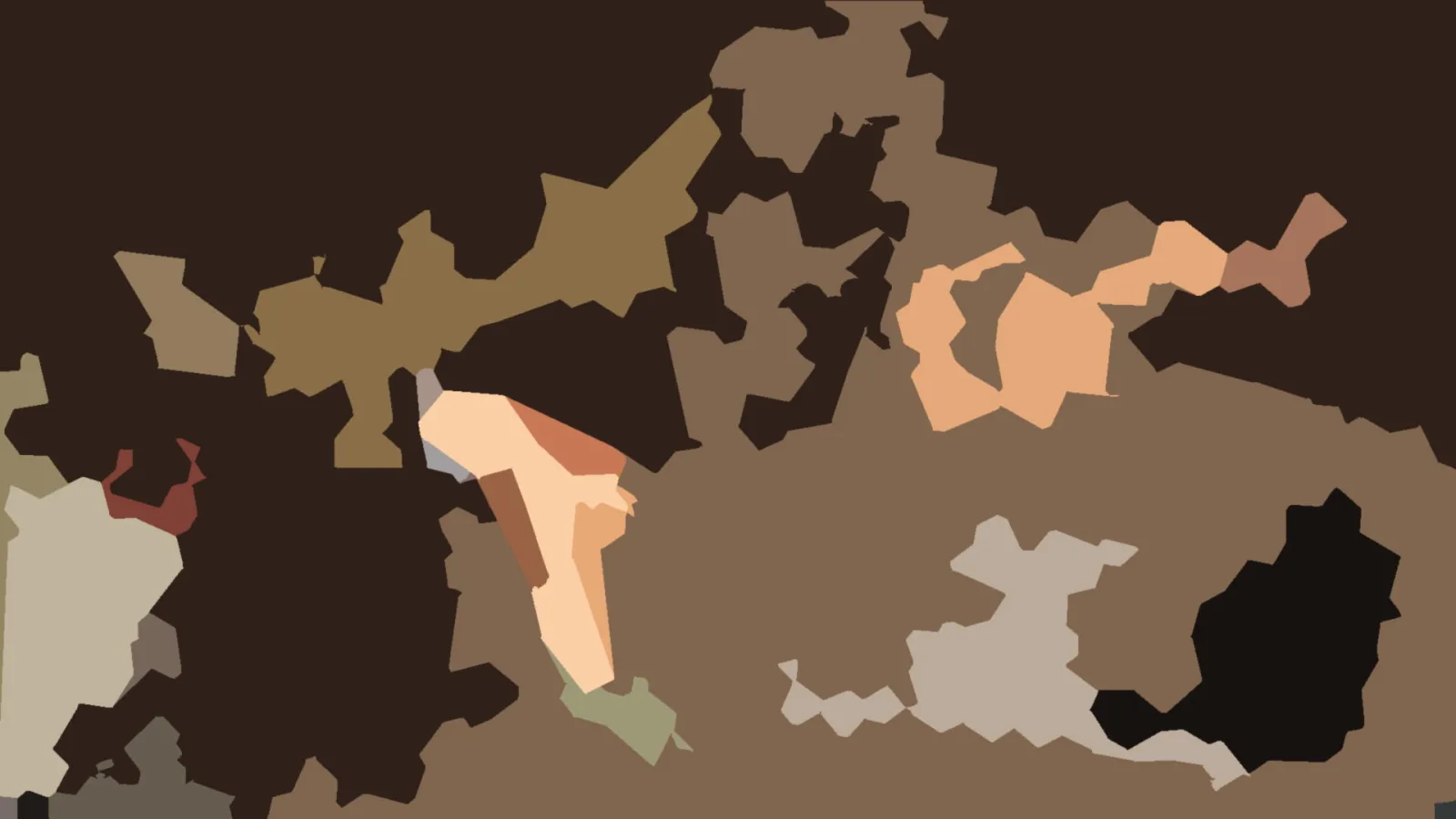 Abstrakte Komposition aus unregelmäßigen Flächen in Braun-, Beige- und Orangetönen auf dunklem Grund