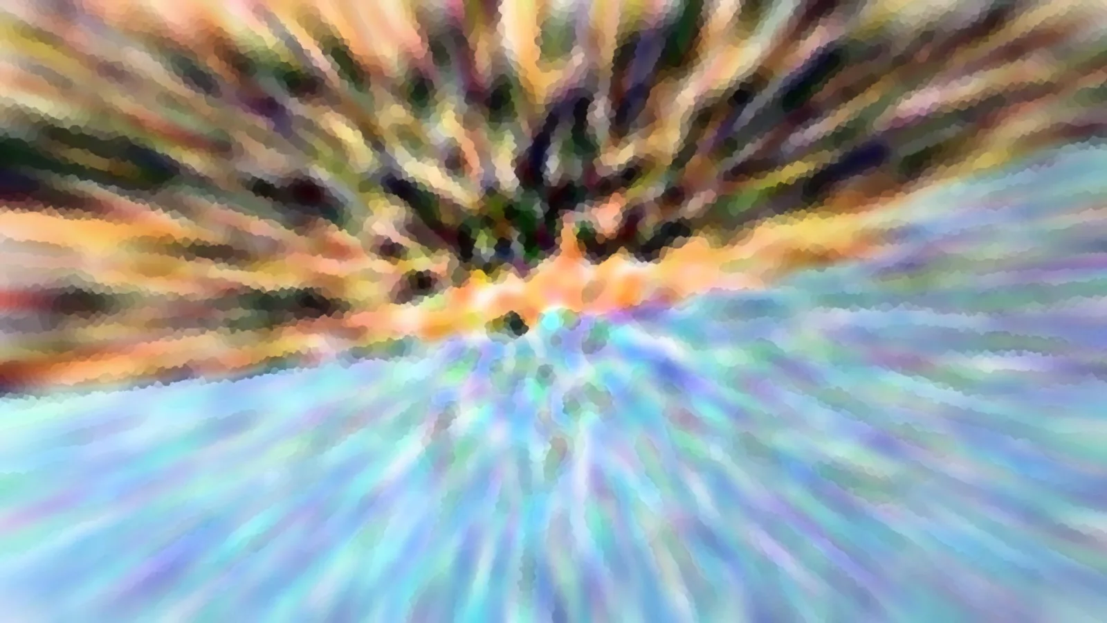 Abstraktes Bild mit radial von der Mitte nach außen verlaufenden Pinselstrichen in Orange, Gelb, Grün und Violett oben und Blau, Türkis und Lila unten.