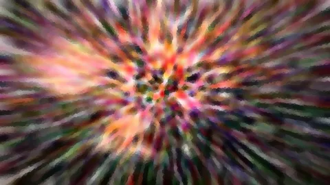 Abstrakte Komposition aus bunten, radial von der Mitte nach außen laufenden Farbstreifen in Rot, Orange, Grün und Violett, mit grober Mosaikstruktur.