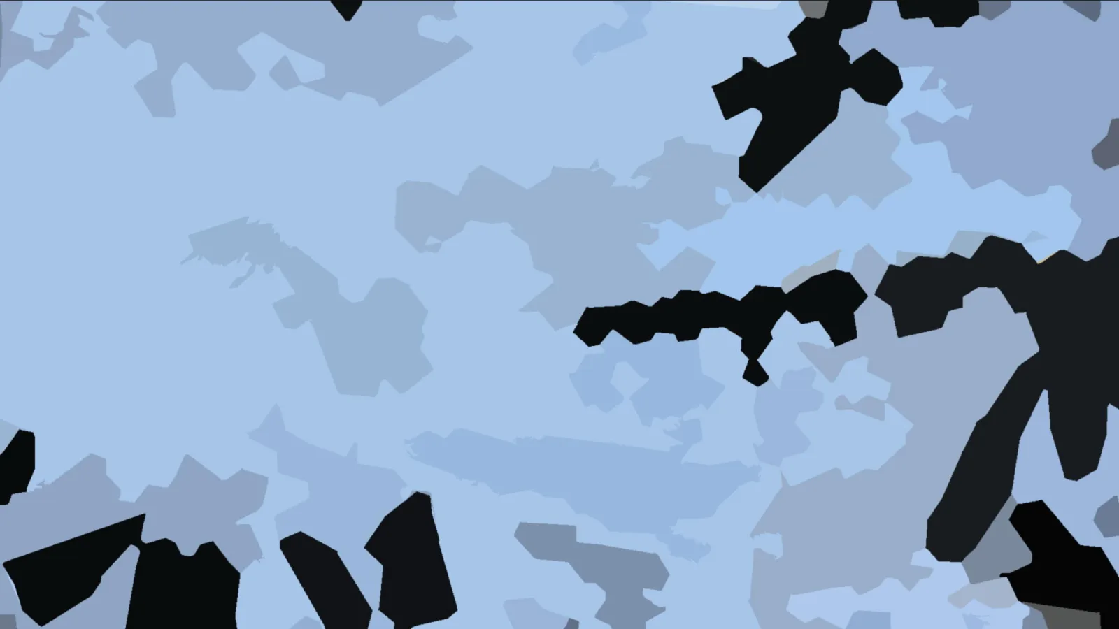 Abstraktes Muster aus hellblauen, grauen und schwarzen Flächen mit unregelmäßigen Rändern, die an Tarnfarben erinnern.
