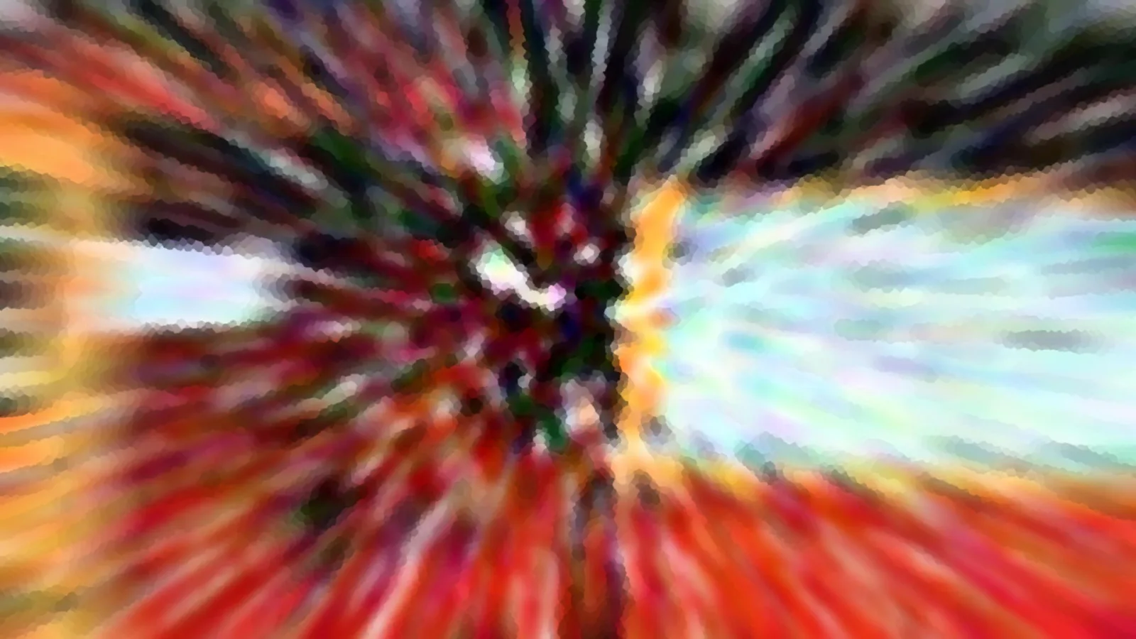 Abstrakte Komposition aus radial verlaufenden, verwischten Farbstreifen in Rot, Orange, Grün und Türkis, im Zentrum ein dunkler Knoten mit hellen Flecken.