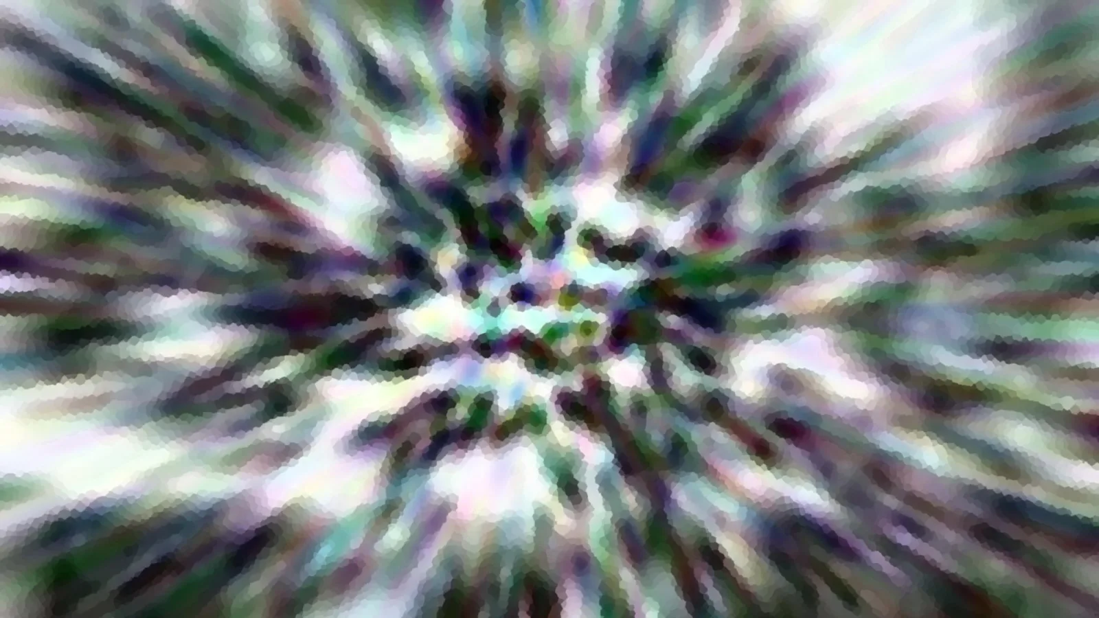 Abstrakte Komposition aus radial von der Mitte nach außen laufenden Farbstrahlen in Grün, Violett und Weiß, mosaikartig verpixelt.