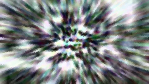 Abstrakte Komposition aus radial von der Mitte nach außen laufenden Farbstrahlen in Grün, Violett und Weiß, mosaikartig verpixelt.
