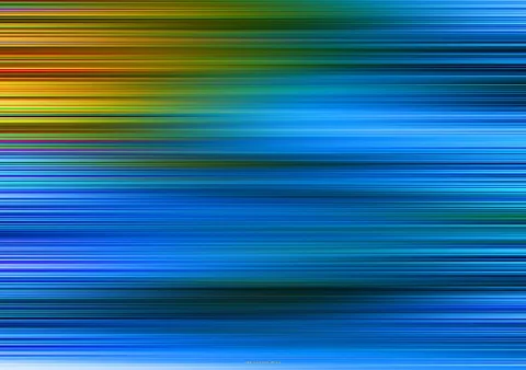 Abstrakte horizontale Streifen in Blau, Türkis, Gelb und Rot, die von links nach rechts verwischen und oben links in warmen Farben leuchten.