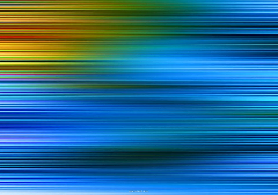 Abstrakte horizontale Streifen in Blau, Türkis, Gelb und Rot, die von links nach rechts verwischen und oben links in warmen Farben leuchten.