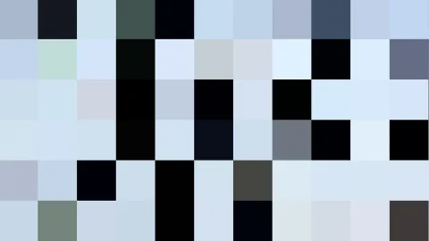 Abstraktes Raster aus quadratischen Pixelblöcken in Hellblau, Schwarz und Grau, mit wenigen dunkelgrauen und graubraunen Feldern.