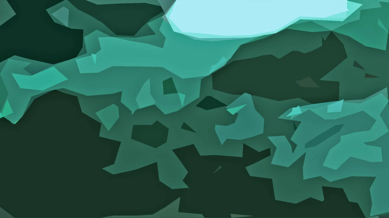Abstrakte Komposition aus dunkelgrünen und türkisfarbenen polygonalen Flächen, oben rechts ein helles Eisblau.