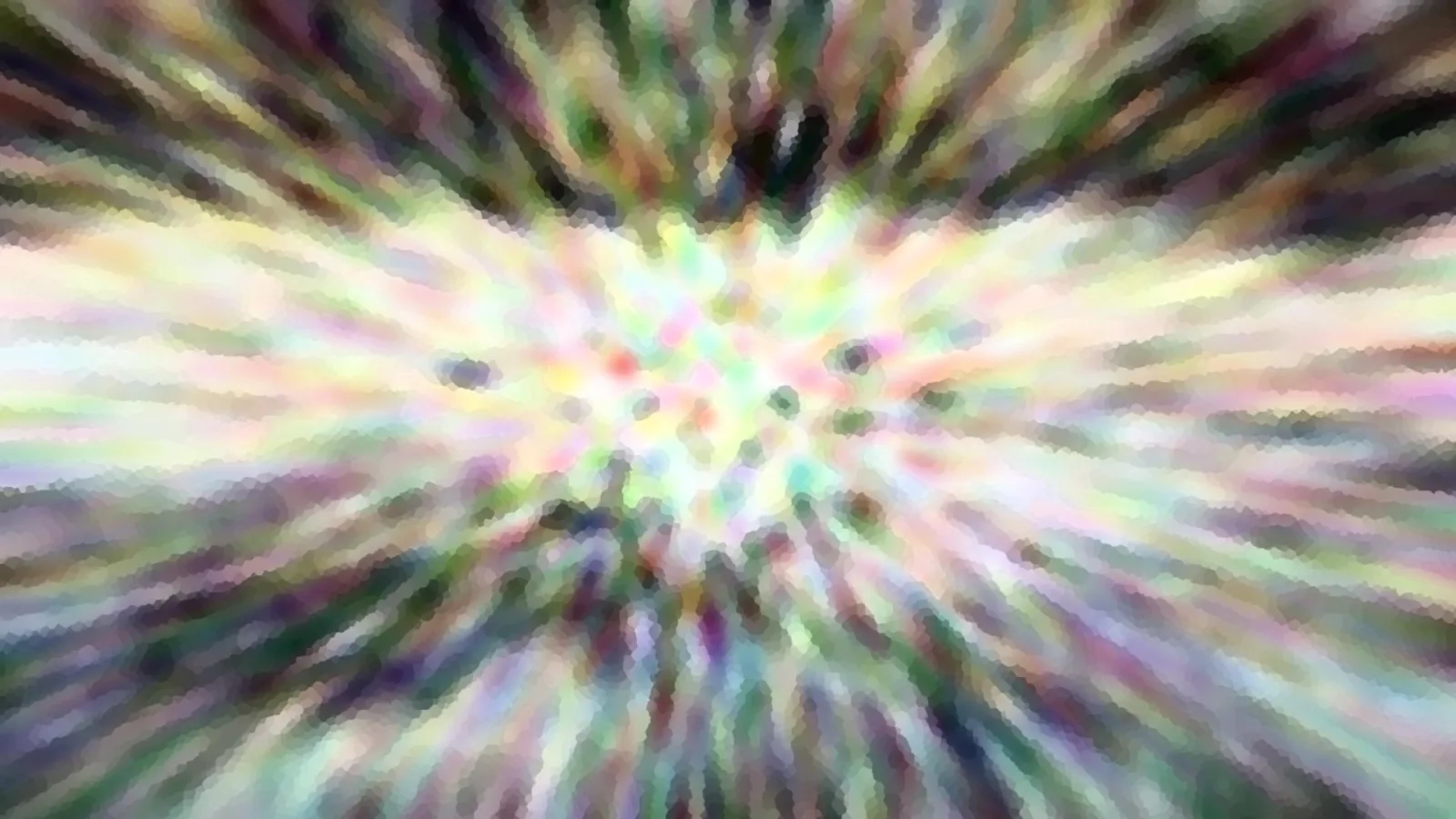 Abstrakte Komposition mit strahlenförmig von der Mitte ausgehenden Streifen in Pastellfarben wie Rosa, Gelb, Grün und Violett, mosaikartig verpixelt.