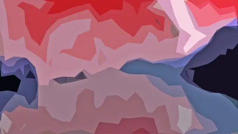 Abstraktes Bild aus scharfkantigen, flächigen Formen in Rot, Rosa, Blau und Dunkelblau, rechts ein fast schwarzer Bereich.