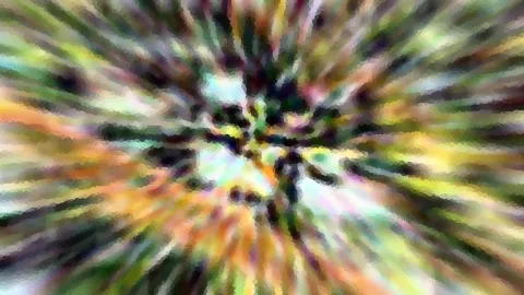 Abstrakte Komposition aus bunten, radial von der Mitte ausgehenden Streifen in Grün, Gelb und Orange, mit dunklem Zentrum.