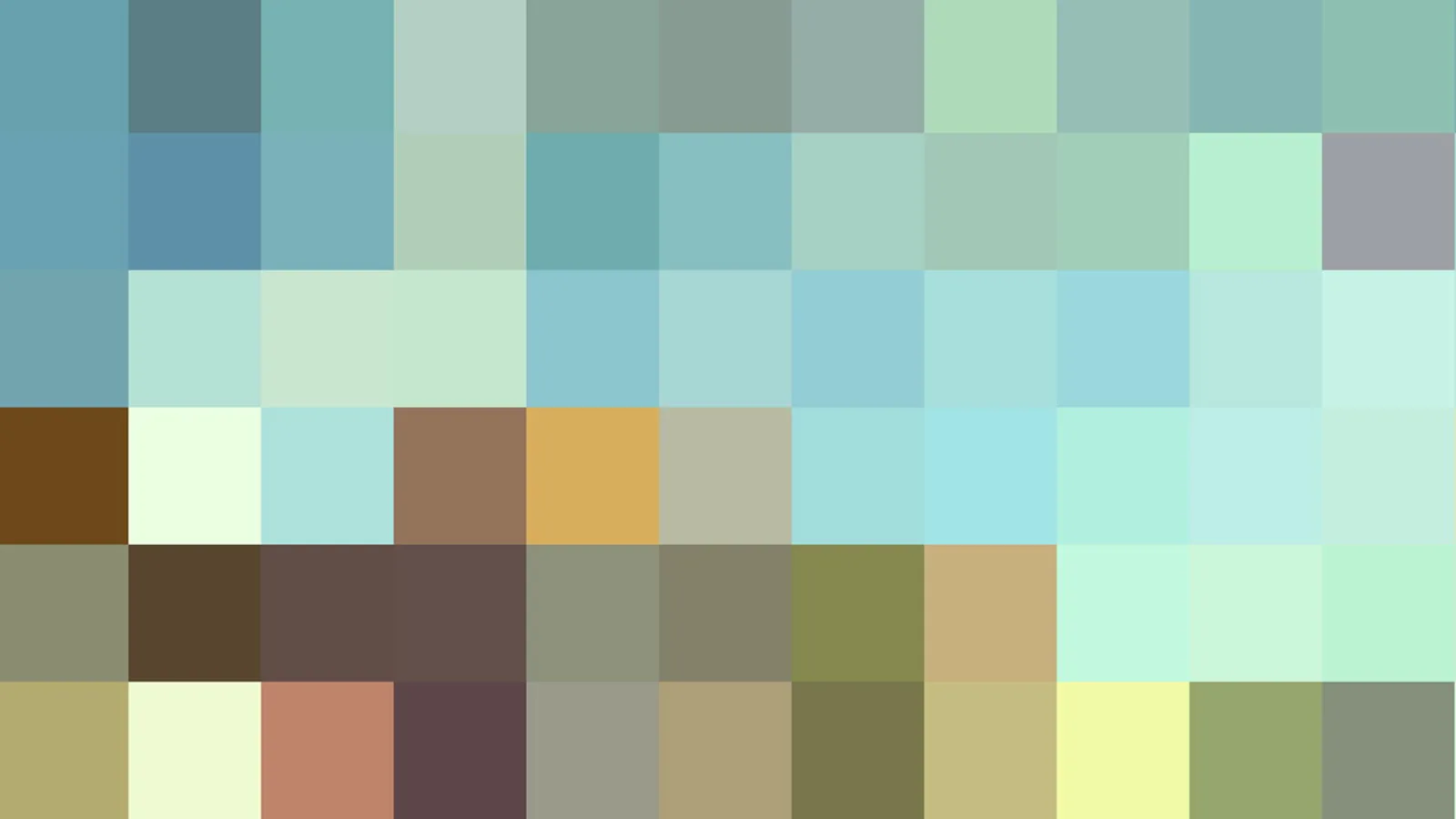 Pixelmosaik aus pastellfarbenen Kacheln in Türkis, Mint, Braun, Gelb und Olivgrün.