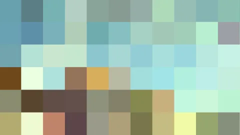 Pixelmosaik aus pastellfarbenen Kacheln in Türkis, Mint, Braun, Gelb und Olivgrün.