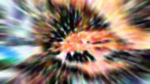 Abstrakte Komposition aus radial von der Mitte nach außen wischenden Farbstreifen in Orange, Rosa, Grün, Blau und Violett, die in der Mitte in einen dunklen, fleckigen Kern übergehen.