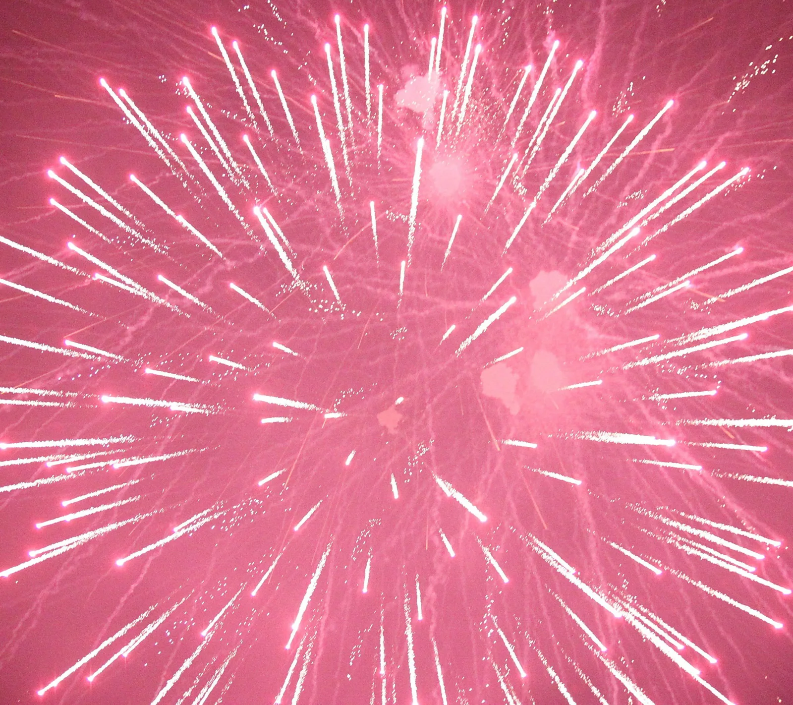 Pink gefärbter Nachthimmel mit einem Feuerwerk, weiße Leuchtspuren strahlen von einem Zentrum in alle Richtungen aus.
