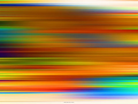 Horizontal verwischte Streifen in Orange, Gelb, Grün, Rot und Blau, oben und unten von hellen Flächen begrenzt.