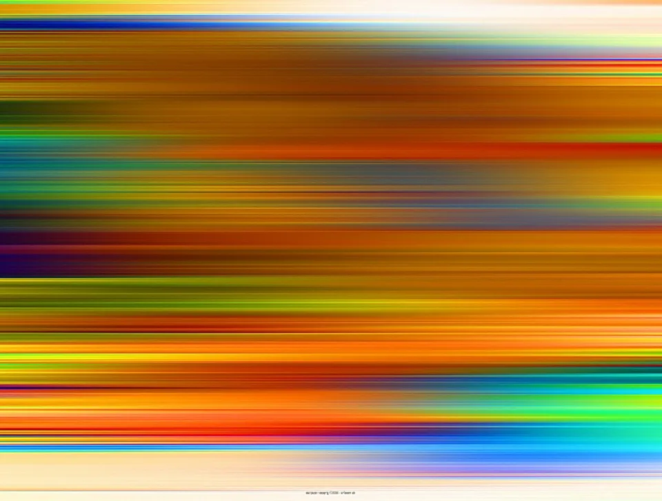 Horizontal verwischte Streifen in Orange, Gelb, Grün, Rot und Blau, oben und unten von hellen Flächen begrenzt.